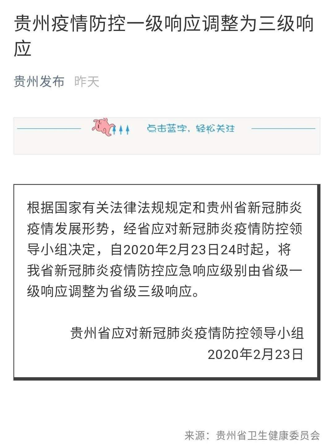 今天起，贵州省响应级别从一级调整为三级!